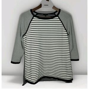 Talbots Tunic Sweater Women Navy White Striped 3/4 Sleeve Knit Pullover Size M